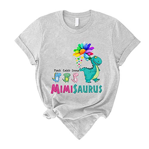 Mimi Saurus with Grandkids Name T Shirt, Grandma Saurus with Flower Art and Heart Tee, Funny Dino Saurus Family Matching T-Shirt, MimiSaurus t Shirt, for Mom, Grandma