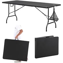 VECELO 6 FT Thick Top Picnic Table with Portable Mesh Bag, Folding Table with Strong Side Support, 500lbs Capacity for Outdoor Camping, Party, Dining - Black