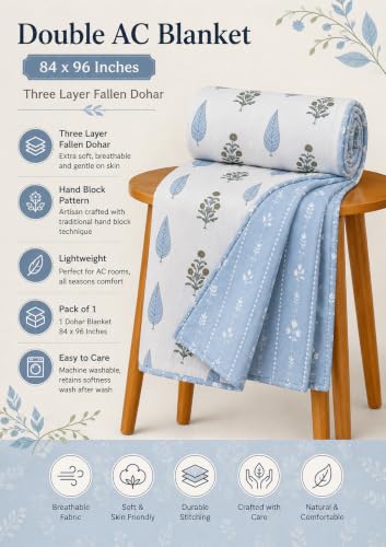 Image of Amazon Brand - Umi AC Dohar Blanket for Double Bed | 100% Cotton 160 TC | Soft Lightweight Three Layer Quilt | 84x96 Inches | Beautiful Elegant Print