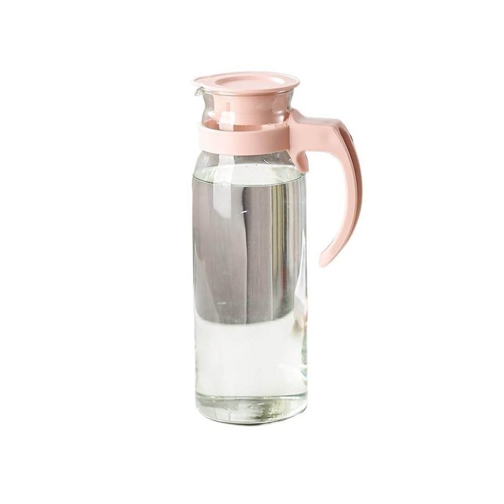 Carafe en verre de 1400 ml avec couvercle et poignée rose pour eau et jus