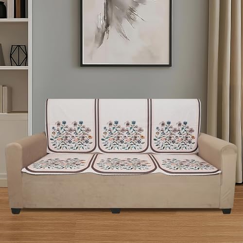 Image of Velvet 3 Seater Sofa Cover with 6 Seat and Back Covers - Floral Design - Washable Fabric - Stylish Sofa Cover for Modern Living Room (Beige, 3 Seater Without Arm Cover)