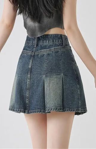 Women's High-Waisted Slim A-Line Skirt Summer Pleated Mini Denim Skirt4