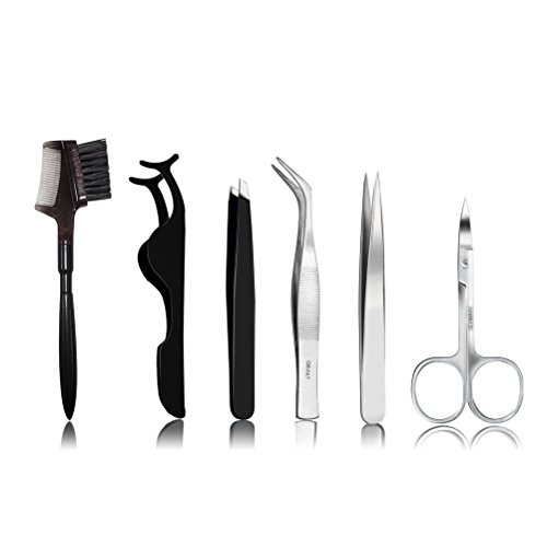 6-Piece Professional Makeup Tweezer Set Eyebrow Tweezers, Eyebrow Scissors, Slant Tip Tweezer, Pointed Tweezer, Eyelashes Brush Comb, Bent Tweezers for Men & Women, Fake Eyelashes Application