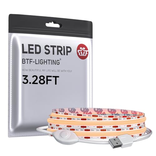 Image of BTF-LIGHTING FCOB COB LED Strip Lights 5V USB Powered Warm White 2700K | 3.28FT 320LEDs CRI90+ Dimmable Super Bright LED Light with 3M Tape for TV Backlight PC 3D Printer Cabinet Home DIY Lighting