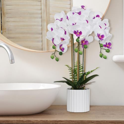 Orchidée artificielle haut de gamme 3 branches blanches et violettes - 5