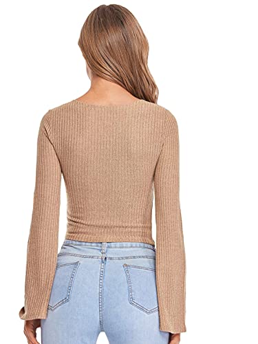 Image of SweatyRocks Women's Adjustable Drawstring String Long Bell Sleeve Rib Knit Sexy Crop Top Camel XS
