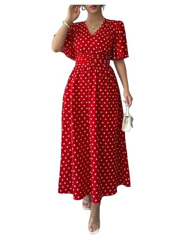 SHENHE Womens Summer Polka Dots Long Dress Wrap V Neck Flutter Short Sleeve A Line Flowy Dress Red Medium