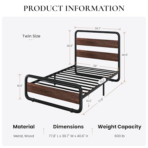 Image of SHA CERLIN Twin Size Metal Bed Frame with Wooden Headboard, Mahogany