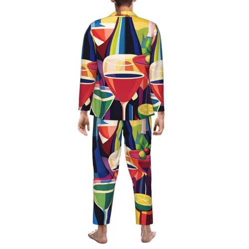 Wine Bottles And Cocktails Mens Pajamas Set Button Down Sleepwear Set Long Sleeve Loungewear With Pockets2