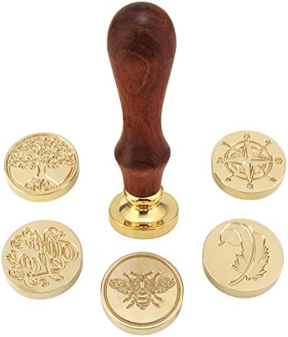 Mogoko Retro Wax Sealing Stamps Set, 1 Piece Wooden Handle and 6 Pieces Removable Sealing Copper Head, Vintage Classical Fancy Seal Stamp Kit with Gift Box
