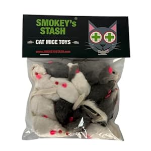 Smokey’s Stash Rabbit Fur Mouse Cat Toy 12 per Pack White and Gray Fuzzy Toys for Cats with Rattle Realistic Fake mice (12)