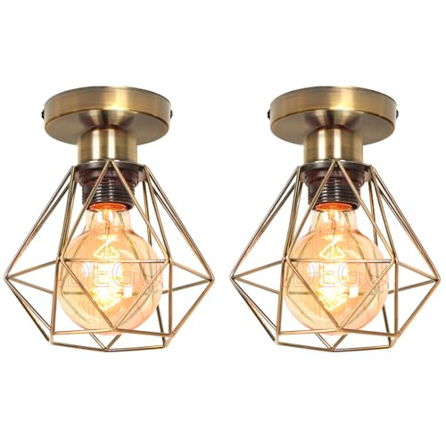 iDEGU 2 Piezas Lámparas de Techo Vintage Industrial Lámpara Colgante 16cm Retro Pantalla Diseño Jaula de Metal E27 Plafón LED Iluminación de Techo para Pasillo Dormitorio Salón Cocina (Bronce)