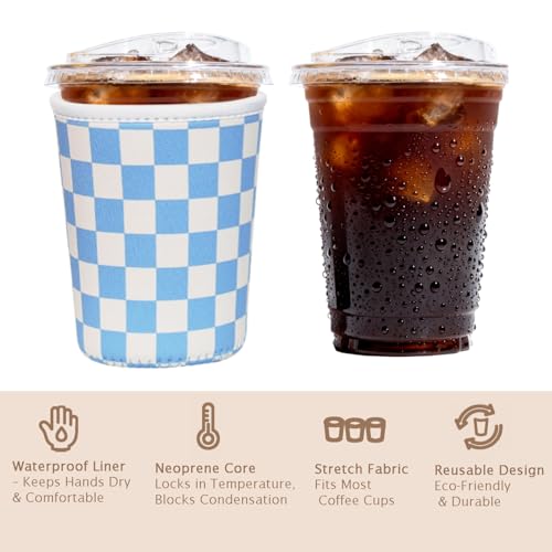Image of Reusable Insulated Sleeve for Iced Coffee Cup, Coffee Neoprene Sleeve for Cold & Hot Drinks, Beverage Holder for Iced Coffee (Blue Grid, Small: 16-18oz)