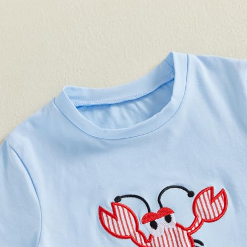 Image of Toddler Boy Summer Outfits Little Lobster Clothes Short Sleeve T-Shirts with Stripe Shorts 2Pcs Clothes Set (Crawfish Sky Blue, 5-6 Years)