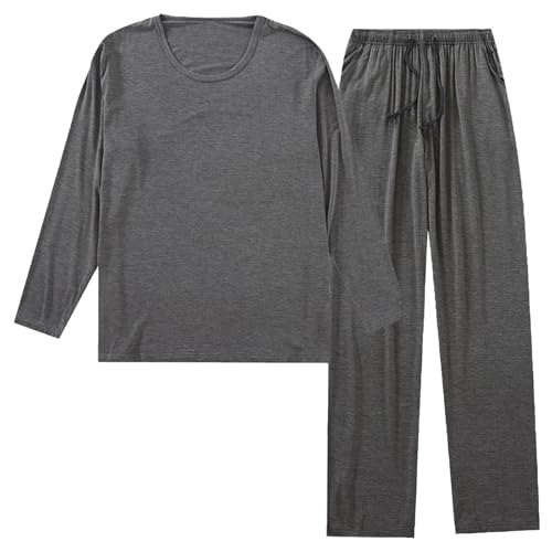 Cambkatl Men's Soft Modal Pajamas Set Loose Crew Neck Sleepwear Comfy Drawstring Bottom Long Sleeve Loungewear 2 Piece Sets3