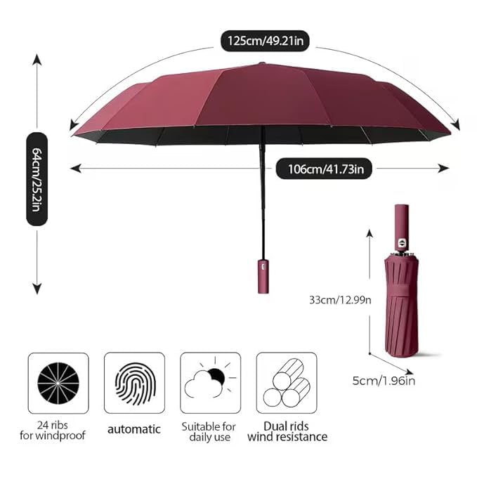 Image of ๐๐ฎ๐ป๐๐ฒ๐ฟ๐ฎ Compact Automatic Folding Umbrella - Windproof, UV Protection, ๐ญ๐ฎ ๐ฅ๐ถ๐ฏ๐ Lightweight Portable Travel Portable Umbrella for Men & Women Use in Sun & ๐ฅ๐ฎ๐ถ๐ป (Maroon)