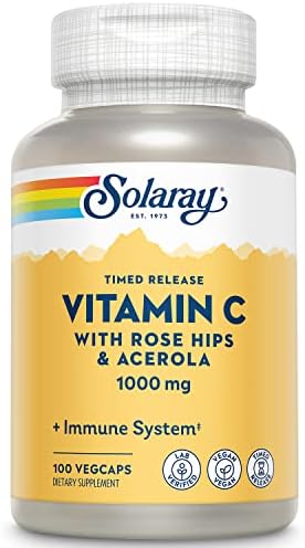 SOLARAY Vitamin C 1000mg Timed Release Capsules with Rose Hips & Acerola Bioflavonoids, Two-Stage for High Absorption & All Day Immune Function Support (100 VegCaps)