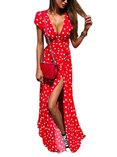 Onsoyours Sommerkleider Damen Boho Lange Kleider V-Ausschnitt Kurzarm Rüschen Freizeitkleid Punkt Lang Maxikleid Blumen Wickelkleid Strandkleid Rot...