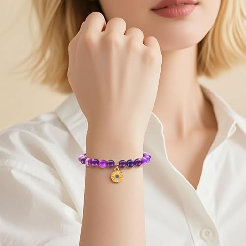 Purple Natural Stone Sunflower Bracelet for Women – Inspirational Sunflower Birthday Gifts for Women. Sunflower gifts are a symbol of sunshine and happiness.3