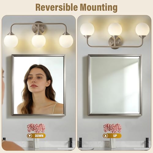 Image of Bathroom Light Fixtures - 3 Light Brushed Brass Vanity Light Over Mirror for Bathroom Mirror Living Room, Brushed Nickel Bathroom Wall Sconce with Frosted Glass Shade, 3 G9 Bulbs Included