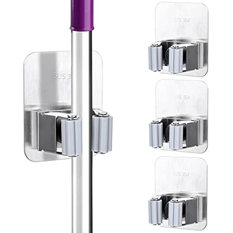 Tikplus Mop Broom Holder, 3 Pcs Self Adhesive Mop Holders Stainless Steel, No Drilling Garden Tool Organizer for Bathroom, Kitchen, Office, Closet, Garage, Silver Cover