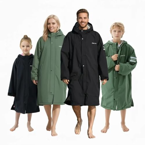 Owntop Waterproof Swim Parka for Kids Youths and Adults - Unisex Hooded Surf Poncho, Oversized High-Low Hem Windproof Changing Robe, Sherpa Winter Warm Beach Towel Jacket with Pockets Black XXS