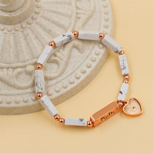 Image of Elastic Faith Bracelet for Women, Adjustable 7 inch Natural Stone Bracelet with Heart Mustard Seed Charm, Spiritual Christian Jewelry for Baptism, Graduation, Religious Celebration YA4856