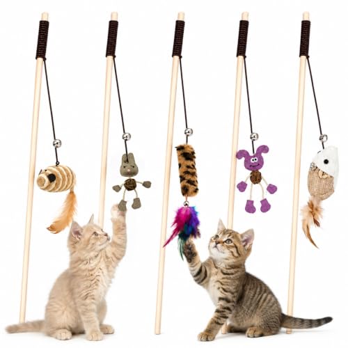 Image of Interactive Cat Teaser Stick Combo of 5 - (Mouse Bell, Stripe, Brown Rabbit, Sisal Mouse & Pink Puppy) with Attached Bell | Fun, Engaging Toy for Cats & Kittens | Indoor & Outdoor Play