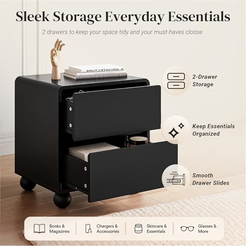 Image of Furniway Black Nightstand Set of 2, Modern 2 Drawer Bedside Table with Curved Profile Design and Handle-Free Drawers, Modern End Table with Storage for Bedroom