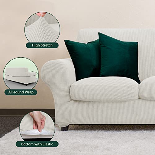 Chun Yi 4 Pieces Stretch Sofa Cover For 3 Seater Couch, Washable Soft Sofa Slipcover With 3 Separate Seat Cushion Covers For Dogs, Checks Spandex Jacquard Fabric, Large, Ivory White #TOP3