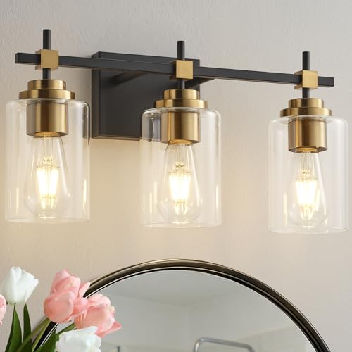 Image of SOLFART 3 Light Black and Gold Bathroom Light Fixture, Vintage Vanity Light with Clear Shades, Modern Over Mirror Wall Lighting for Bathroom Vanity