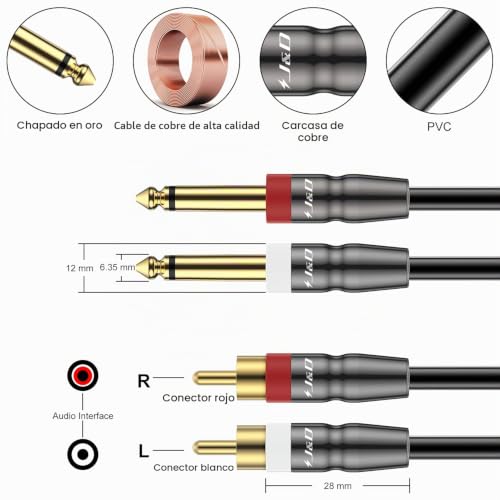 Miniatura 2 de J D Cable De Audio Estéreo Rca A Jack Ts 6.3 Mm, Tarea Pesada Cable De 2x 6,35 Mm A 2rca, 1 4 Macho A Rca Macho Adaptador De Interconexión De Audio Estéreo Cable De Un Cuarto De Pulgada, 0,9 Meter
