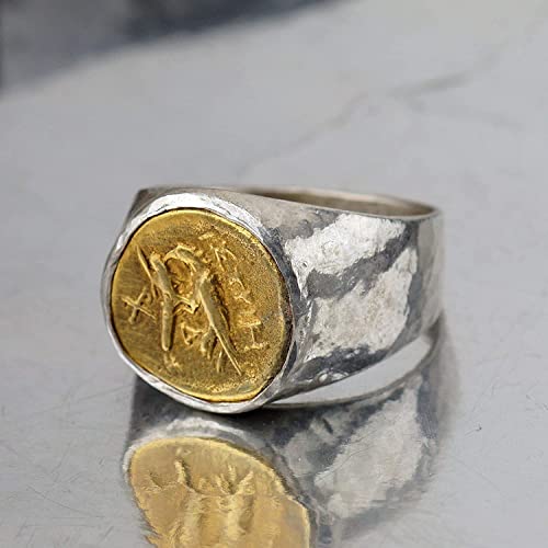 Sterling Silver 925 Roman Art Handcrafted American Eagle Coin Signet Unisex Men's Ring Handmade Artisan Jewelry By Omer (Gold Coin, 12) #TOP2
