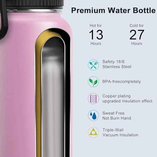 Image of koodee Water Bottle with Straw 32 oz Stainless Steel Double Wall Vacuum Insulated Wide Mouth Water Flask Reusable Metal Sports Water Bottle (Pink)