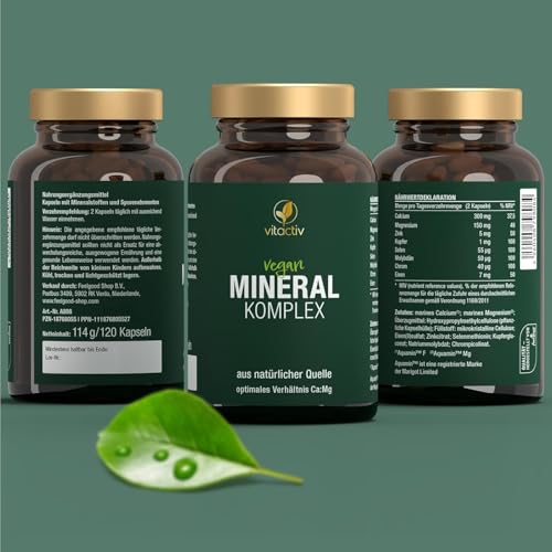 VITACTIV Mineral Komplex - Markenrohstoff Aquamin, Marines Calcium & Magnesium (2:1) - Basische Mineralstoffe & Spurenelemente mit Zink für Säure-Basen-Stoffwechsel - Vegan, Hochdosiert, 120 Kapseln