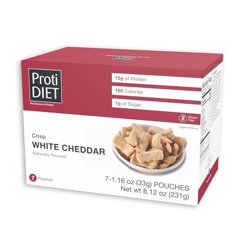 ProtiDIET High Protein White Cheddar Crisps - Gluten Free, Low Sugar with Fiber - Healthy Snacks for Adults - Crispy Treats for Guilt-Free Snacking - 7 Pouch Protein Snacks