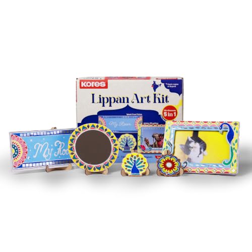 Image of Kores Lippan Art Kit for Kids | DIY Indian Art & Craft Kit | 5-in-1 Creative Kit with Photo Frame, Mirror, Name Plate & Fridge Magnets | Acrylic Colours, 3D Liner, Sequins, Brushes & Manual | Age 8-99