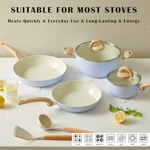 Vkoocy Blue Non Stick Pots and Pans Set, Healthy Ceramic Cookware Set, 12pcs Kitchen Cooking Pots and Frying Sauce Saute Pans Set, PFAS-Free with Kitchen Utensils and Lid