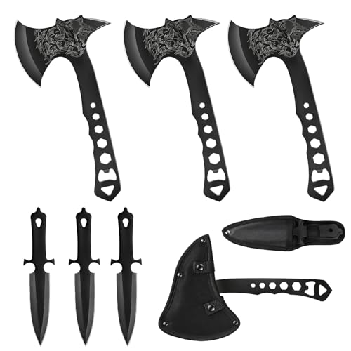 HAPANGODIR 3 Pack Throwing Axe Set, Full Tang Stainless Steel Throwing Tomahawk Throwing Hatchet, 3 Pack Throwing Knives Set with Bottle Opener and Nylon Sheath for Backyard Recreation and Competition by HAPANGODIR - Used condition - US$27.26