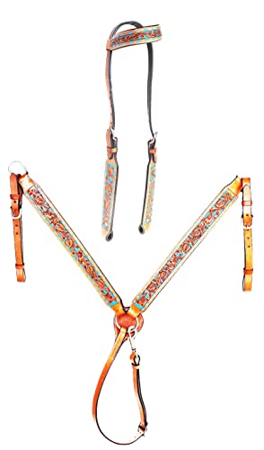 CHALLENGER Horse Horse Western Floral Tooled One Ear Bridle & Breast Collar Set Light Tan 78FK07A