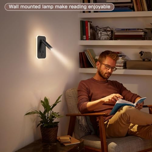 Image of Bed Reading Light, Wall Mounted Reading Fixture with USB C+A Ports, Adjustable Headboard Sconces, Plug-in or Hardwired Bedside Lamp, Modern Black 10W+3W 3000K Warm Ambient lighting for Bedroom