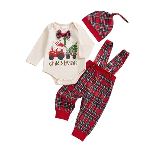 Image of KtwHarnu My First Christmas Baby Boy Outfit Newborn Infant My 1st Christmas Truck Romper Plaid Suspender Pants Gentleman Set