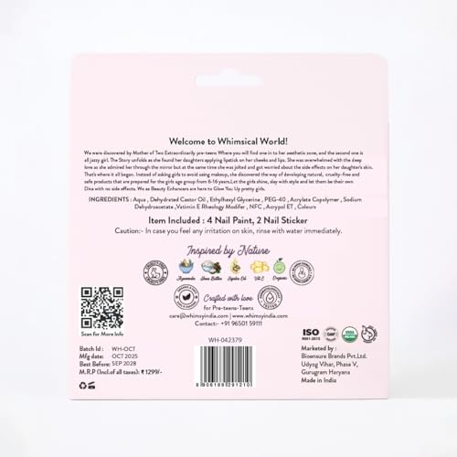 Image of Whimsy Beauty Funky Nail Paint Kit for Kids & Teens | 4 Peel Off Nail Paints + 2 Nail Sticker Sheets | Organic Natural Chemical Free | Quick Dry Washable | 4-16 Years