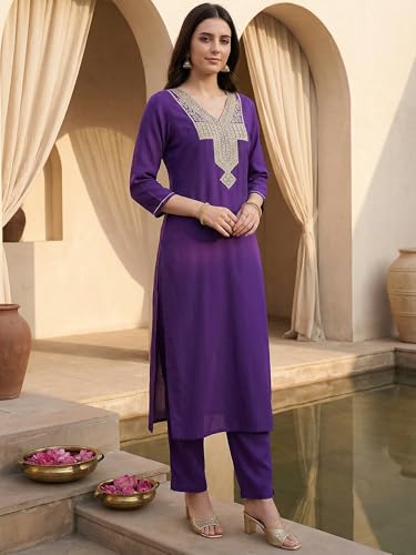Image of INDO ERA Women's Silk Blend Embroidered Zari Work Straight Kurta & Pant Set | Cord Set For Women