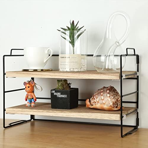woodsky Desktop Shelf Organizer Wooden Natural Storage Rack 2-Tier Tabletop Shelves for Home & Office Supplies Black Frame Adjustable Display Stand (Nature)