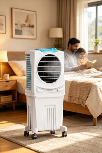 Image of 40L Personal Room Air Cooler with 3-Side Honeycomb Cooling Pads, Powerful Fan, CFD Technology & Inverter Compatibility for Energy Saving, Portable Air Cooler for Home and Office (White & Blue)