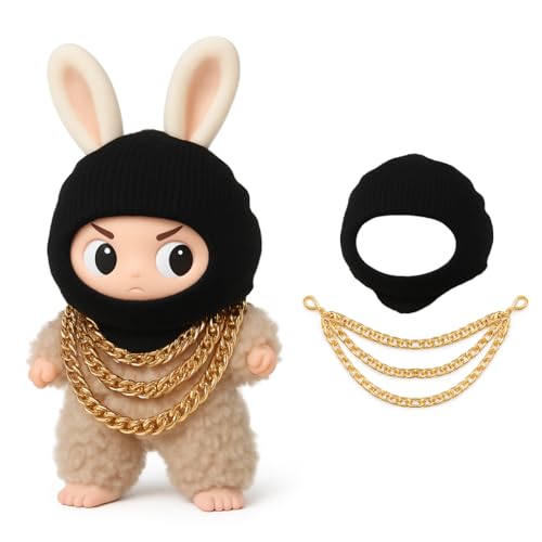 Clothes for LABUBU 17cm Doll (NO Doll), Outfit for LABUBU, Black Head Cover, Three-Layer Gold Necklace - Funny Outfits & Accessories for Unique Style