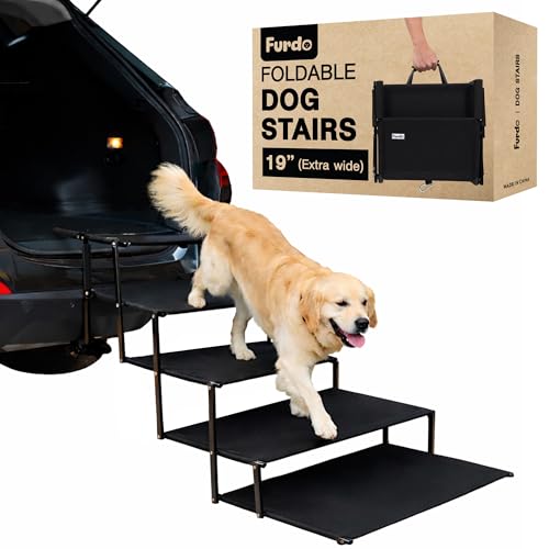FURDO Dog Stairs for Large Dogs, for Medium Dogs, Foldable Dog Ramp for Car & SUV, Steps for Bed, Extra Wide Non-Slip Pet Steps for Car Side Door, Truck & High Beds, Portable & Adjustable - 19" Wide by Furdo - Used condition - US$79.99