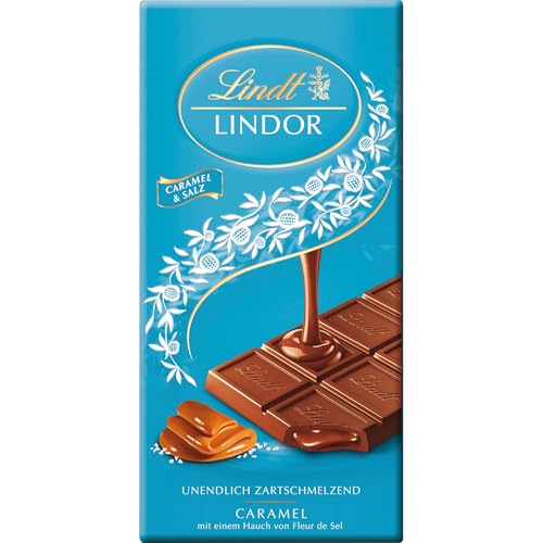 Lindt Schokolade | LINDOR Tafel Caramel & Salz | 100g | Vollmilch-Schokolade mit einem Hauch Fleur de Sel und zartschmelzender Karamell-Füllung | Schokoladen-Tafel