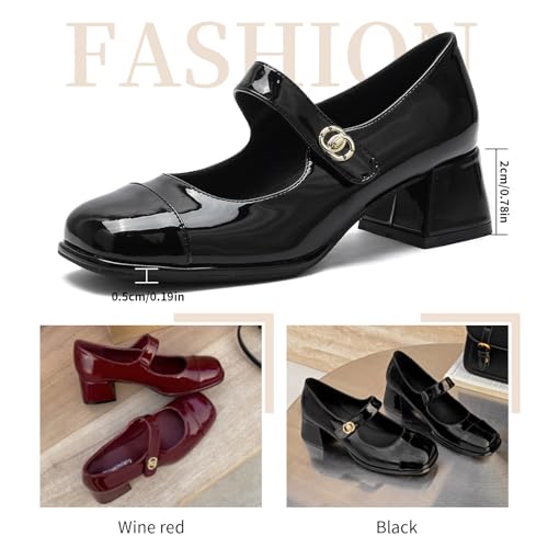 Women's Patent Leather Classic Mary Jane Chunky Heel,Dressy Round Toe Pumps,Retro Mary Jane Soft Work Low Heels4